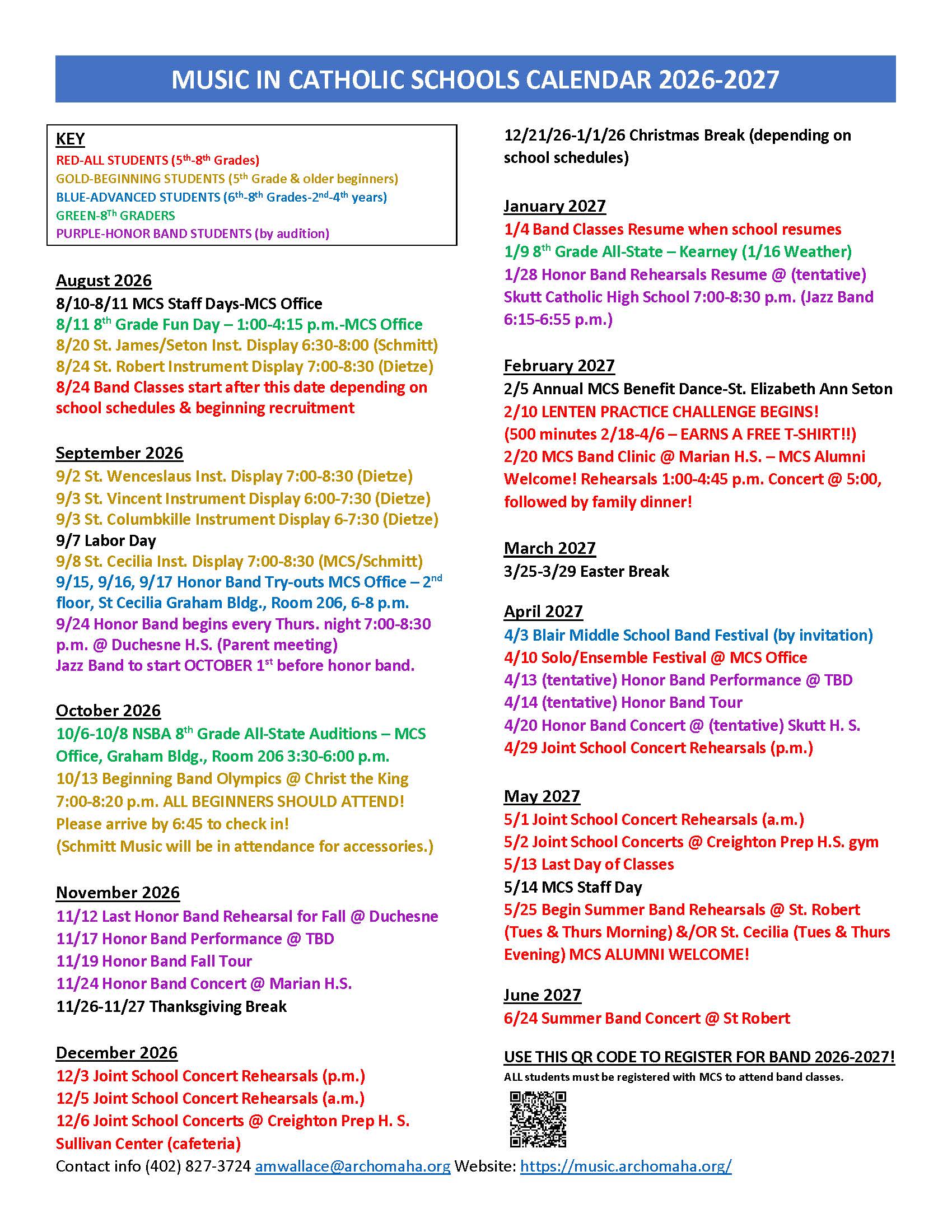 Calendar titled 'Music in Catholic Schools Calendar 2026-2027' with monthly event listings in color-coded categories in different colors for each group.